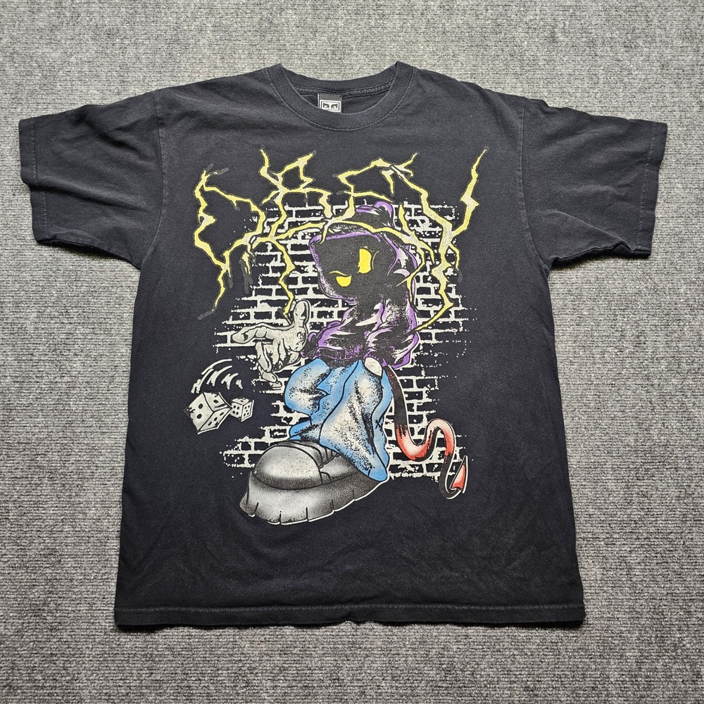 Obey Mens Graphic T-Shirt Black Hooded Character Lightning Streetwear Size M